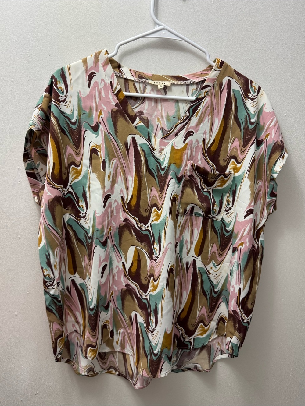 JODIFL Marble Swirl V-Neck loose fit top in Pink, Teal & Brown